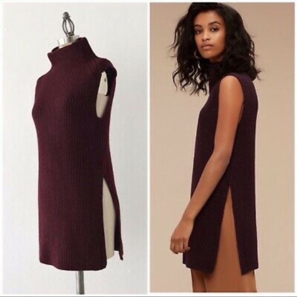 Aritzia Wilfred Durandal Wool Sleeveless Mock Neck Tunic Sweater Burgundy XS - Picture 2 of 5